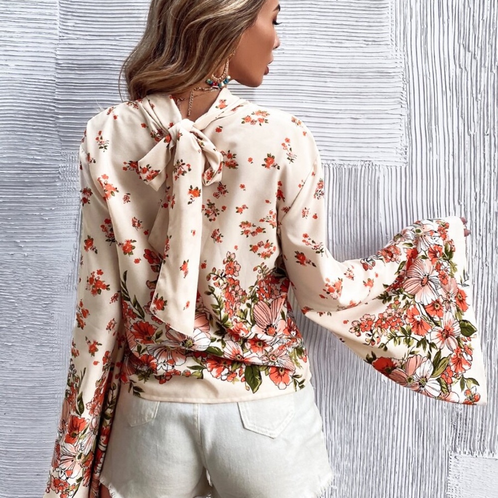 Boho Floral Print Tie Bell Sleeve Top Cream - Picture 5 of 11